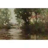 Robert Russell MacNee, DUCK IN A POND WITH WOODED BORDER, oil on canvas