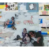 George Donald, A BACKWARDS GLANCE, oil, pastel and collaged elements on board