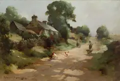 Robert Russell MacNee, COUNTRY LANE WITH COTTAGES, oil on canvas