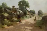 Robert Russell MacNee, COUNTRY LANE WITH COTTAGES, oil on canvas
