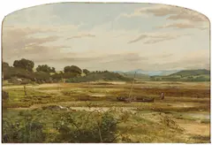 THE ESTUARY GATEHOUSE OF FLEET by James Faed Jr, oil on board, arched top, sold Dec 2022