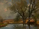 William Bradley Lamond, A WOODED RIVER LANDSCAPE WITH DUCKS