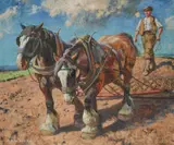 Archibald Russell Watson Allan, HEAVY HORSES PLOUGHING, oil on canvas