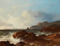 Horatio McCulloch, A ROCKY SHORELINE WITH DISTANT TOWER, oil on canvas
