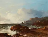 Horatio McCulloch, A ROCKY SHORELINE WITH DISTANT TOWER, oil on canvas