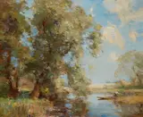 William Miller Frazer, A WOODED RIVER LANDSCAPE WITH FIGURE IN PUNT, oil on canvas