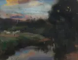 Francis Cadell, A RIVER LANDSCAPE AT DUSK