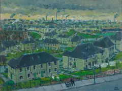 GLASGOW FROM MOUNT FLORIDA by John Miller, oil on board, sold Dec 2022