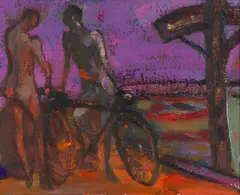 MEN OBSERVED by Robin Philipson, oil on board, sold Dec 2022