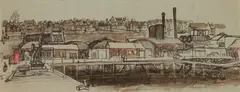 Joan Eardley, A HARBOUR SCENE, ink and coloured wash on blue paper