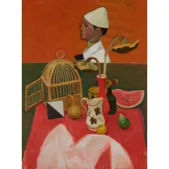 Alberto Morrocco, STILL LIFE WITH CLOWN AND BIRDCAGE, oil on canvas