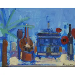 BLUE STILL LIFE by Glen Scouller, oil on board, sold Jul 2022