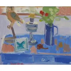 STILL LIFE: OWL ON BLUE TABLE by Glen Scouller, oil on board, sold Jul 2022