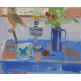 Glen Scouller, STILL LIFE: OWL ON BLUE TABLE, oil on board
