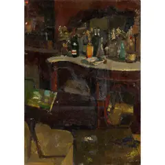 Christopher Chamberlain, Bottles and Chiffonier, oil on board