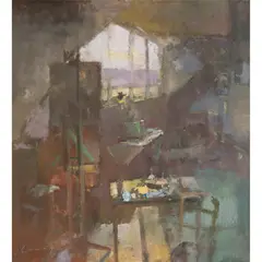 Studio, Evening Light by Frederick Cuming, oil on board, sold Apr 2023
