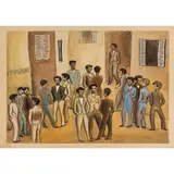 Dom Robert, Group of Young Men Outside the Hairdressers, Design for Tapestry, 1955, ink watercolour and coloured crayon on paper