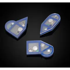 Gunilla Treen, Three Brooches, 1973, acrylic, mother of pearl, lapis lazuli, malachite and white metal