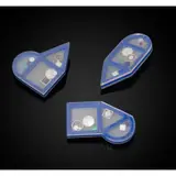 Gunilla Treen, Three Brooches, 1973, acrylic, mother of pearl, lapis lazuli, malachite and white metal