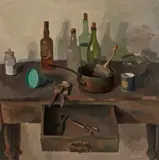 Alexander Goudie, STILL LIFE WITH BOTTLES AND OPEN DRAWER