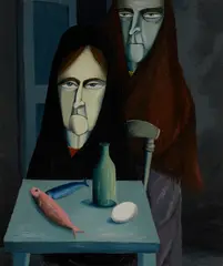 David Carr, TWO WOMEN WITH FISH, EGG AND BOTTLE, C.1946, oil on canvas