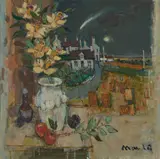 Donald Manson, STILL LIFE WITH A COMET AND HARVEST MOON, oil on board