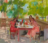 John Cunningham, MICHELLE ON THE TERRACE, FRANCE, oil on canvas