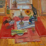 Glen Scouller, STILL LIFE WITH HEN AND CORMORANT, oil on canvas