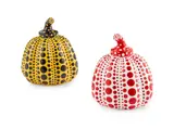 PUMPKINS (YELLOW/BLACK AND RED/WHITE) by Yayoi Kusama, The set of two cast resin multiples, 2016, each stamped with the artist's name on the underside, in original boxes, sold Aug 2022