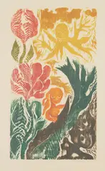 Ken Kiff, WOMAN, WAVE AND FLOWERS, 1991, Woodcut on handmade paper, 1/50