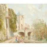 William Lee Hankey, WASH-DAY IN A FRENCH RIVERSIDE TOWN, oil on canvas