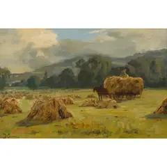 LEADING IN HARVEST, DOLLAR by Duncan Cameron, oil on canvas, sold Feb 2022