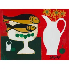Simon Laurie, FISH AND WHITE JUG, AND TWO OTHER COMPOSITIONS, oil on board
