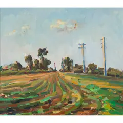 Barbara J. Sussman, ELECTRIC POLES, FIELD, MAINE, oil on canvas
