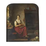 Leonard de Koningh, GIRL SEATED BY THE FIRE, oil on panel, arched top