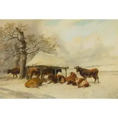 CATTLE IN THE SNOW by Thomas Sidney Cooper, oil on panel, sold Feb 2022