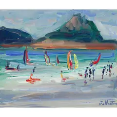 James Fullarton, WINDSURFERS AT TREBURDEN, acrylic on textured paper