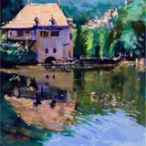 Tom Watt, LOCKHOUSE BELOW ST CIRQ LAPOPIE, oil on board