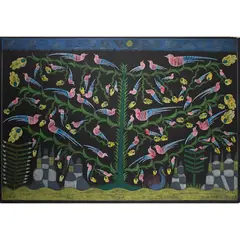 Scottie Wilson, Birds and Tree, coloured inks and crayons on paper laid on board