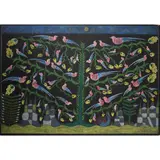 Scottie Wilson, Birds and Tree, coloured inks and crayons on paper laid on board