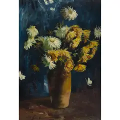 Archibald A. McGlashan, STILL LIFE WITH CHRYSANTHEMUMS AND DAHLIAS, oil on canvas