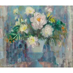 Margaret Hislop, STILL LIFE WITH ROSES, FREESIA, IRISES AND PEONIES, oil on board