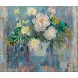 Margaret Hislop, STILL LIFE WITH ROSES, FREESIA, IRISES AND PEONIES, oil on board