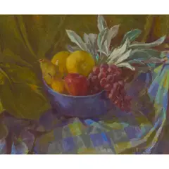Jessie Alexandra Dick, STILL LIFE WITH GRAPES, PEARS AND LEMONS, oil on canvasboard