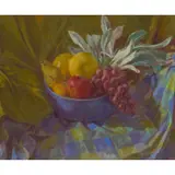 Jessie Alexandra Dick, STILL LIFE WITH GRAPES, PEARS AND LEMONS, oil on canvasboard