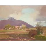 George Houston, COTTAGES BY A STREAM, oil on canvas