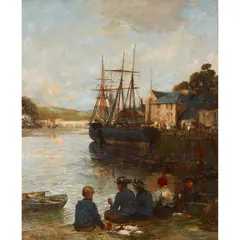 John Reid, FISHING FROM THE QUAYSIDE, oil on canvas