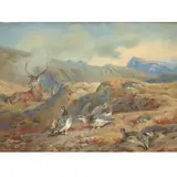 Archibald Thorburn, PTARMIGAN AND DEER ON A HILLSIDE