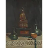 James Paterson, BUDDHA, BOX, BOTTLES, oil on canvas