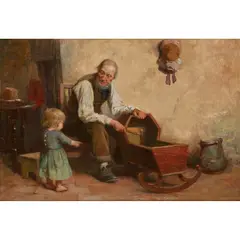 MENDING THE CRADLE by Robert McGregor, oil on panel, sold Jun 2022